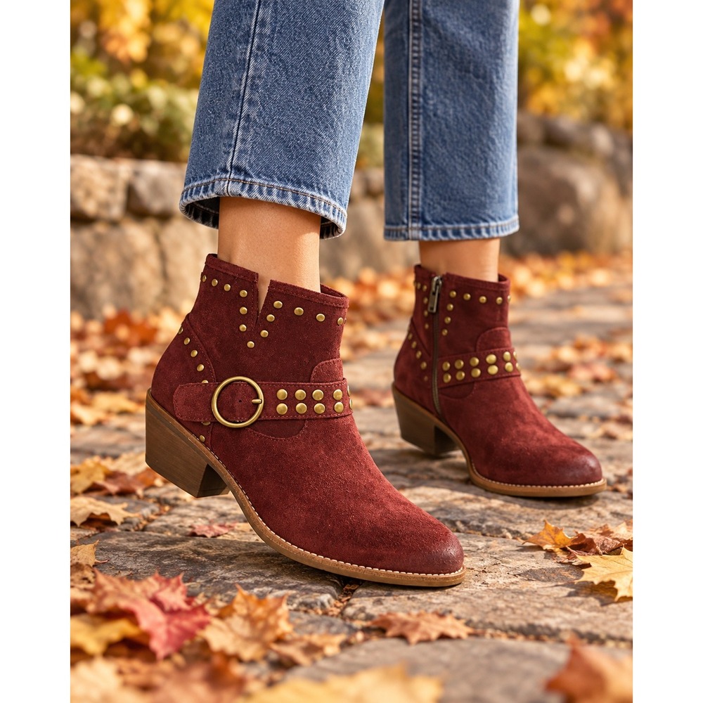 NWOT Sofft Burgundy Suede Studded Western Ankle Boots Buckle Harness 7.5M